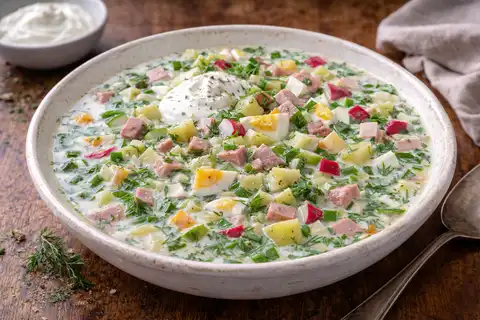 Освежающий холодный суп с овощами, яйцами и колбасой в лёгкой кефирной основе.
