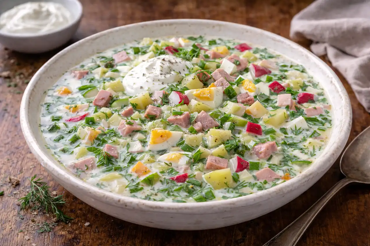Освежающий холодный суп с овощами, яйцами и колбасой в лёгкой кефирной основе.