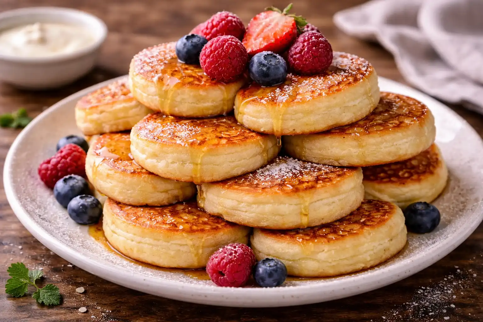 Пышные золотистые оладьи на кефире с мягкой серединой и тонкой румяной корочкой.