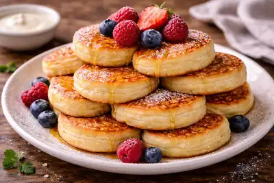 Пышные золотистые оладьи на кефире с мягкой серединой и тонкой румяной корочкой.