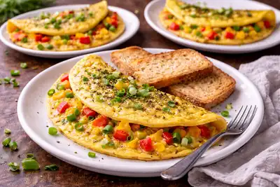 Лёгкие порционные омлеты с двумя видами перца и зелёным луком.