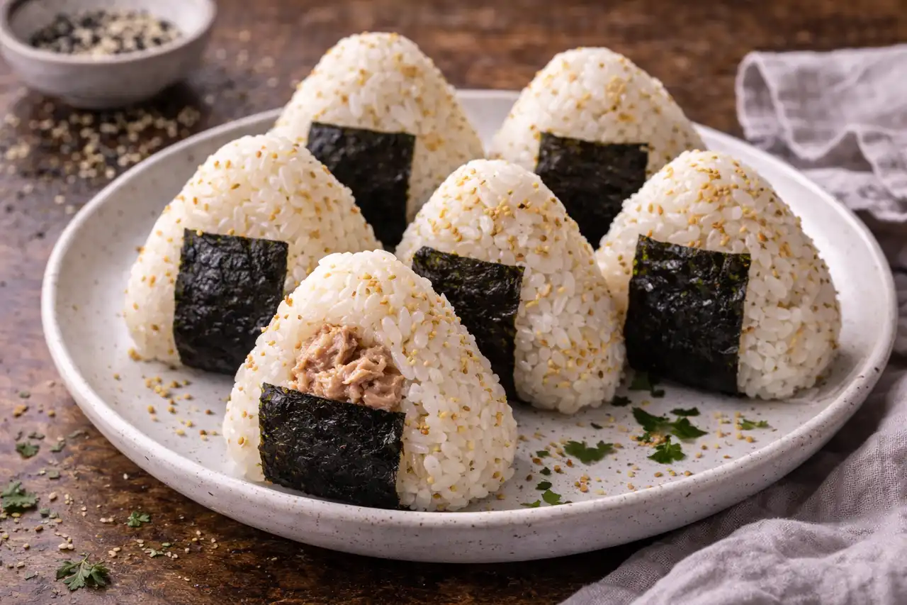 Японские рисовые треугольники с нежной начинкой из тунца, майонеза и нори.