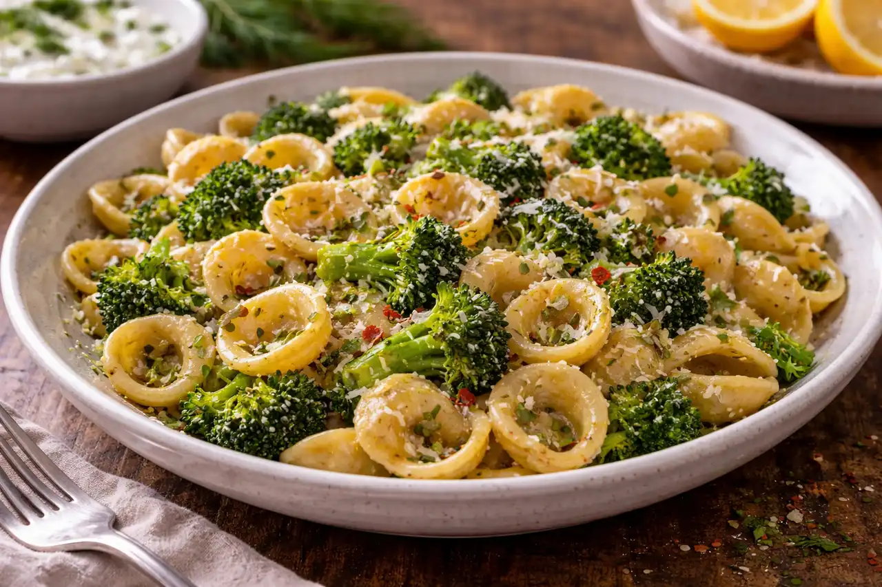 Итальянская паста с брокколи, анчоусами, чесноком и лёгкой остротой чили.