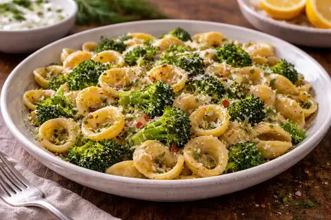 Итальянская паста с брокколи, анчоусами, чесноком и лёгкой остротой чили.
