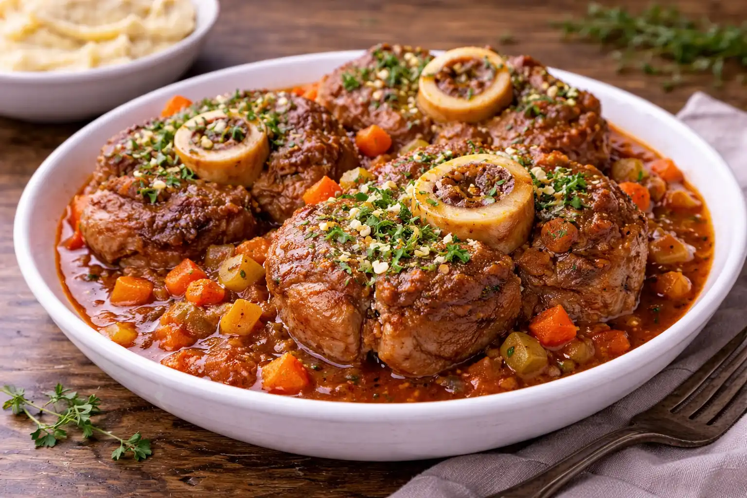 Классическое оссобуко с томатно-винным соусом и мягкой телятиной, томлённой до нежной текстуры.