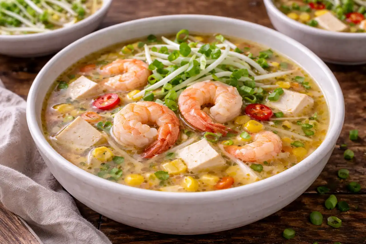 Легкий азиатский суп с креветками, кукурузой, тофу и деликатным балансом остроты и кислинки.