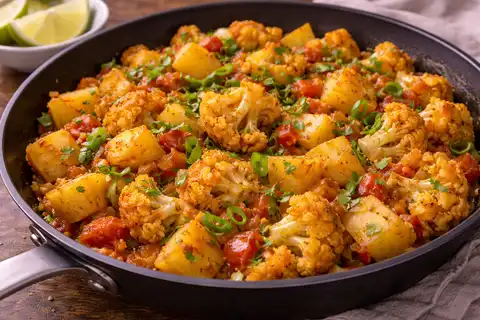 Классическое индийское овощное блюдо из картофеля и цветной капусты с ароматными специями.