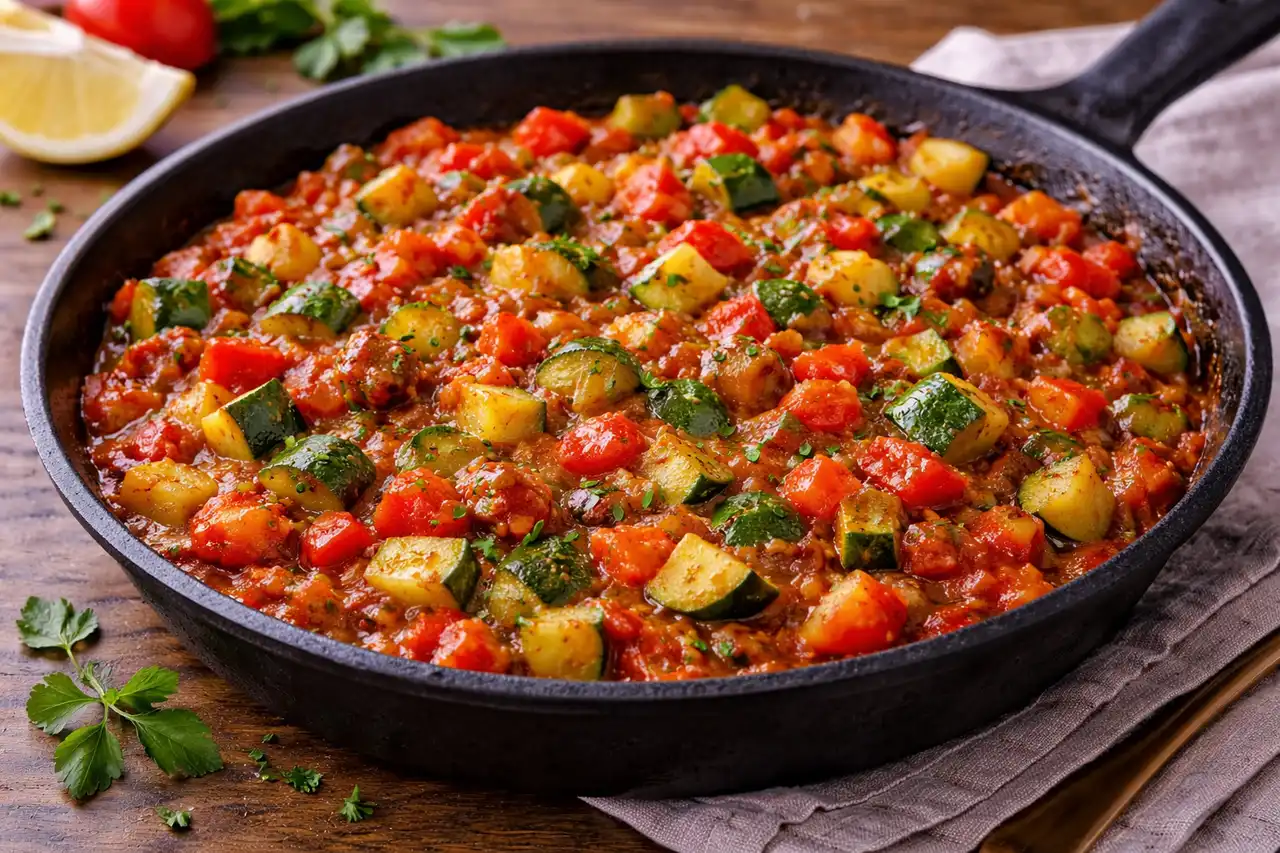 Традиционное испанское овощное рагу из томатов, перца, кабачков и лука.