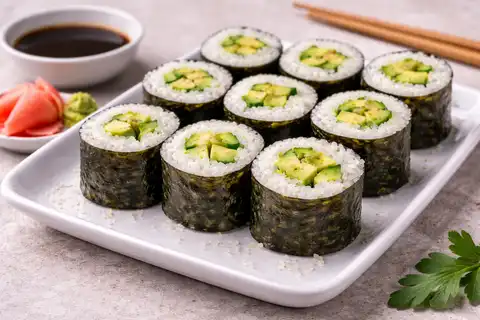 Домашние овощные роллы с рисом, огурцом и авокадо в лёгком японском стиле.