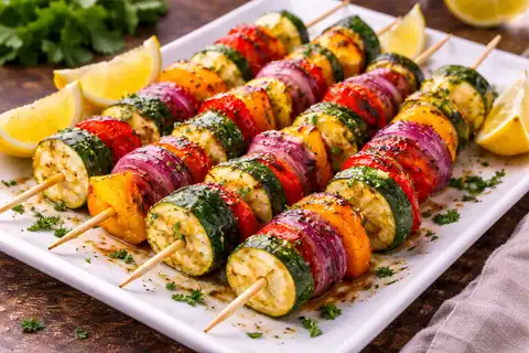 Яркие овощные шпажки с пряным маринадом, обжаренные до лёгкой карамелизации.