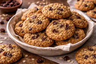 Домашнее овсяное печенье с изюмом, мягкой серединой и лёгкой карамельной корочкой.