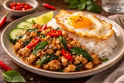 Острое тайское блюдо из курицы с чесноком, чили и ароматным базиликом в насыщенном соусе.