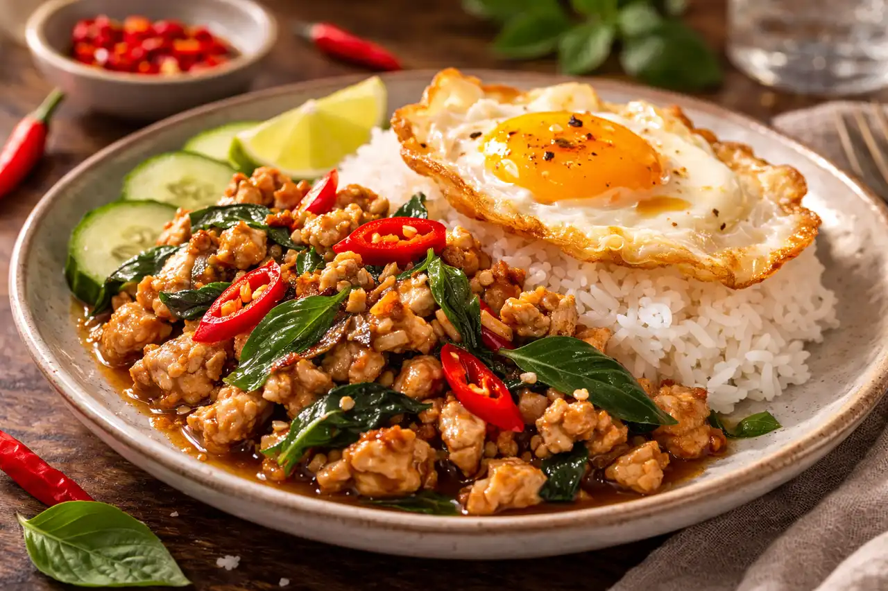 Острое тайское блюдо из курицы с чесноком, чили и ароматным базиликом в насыщенном соусе.