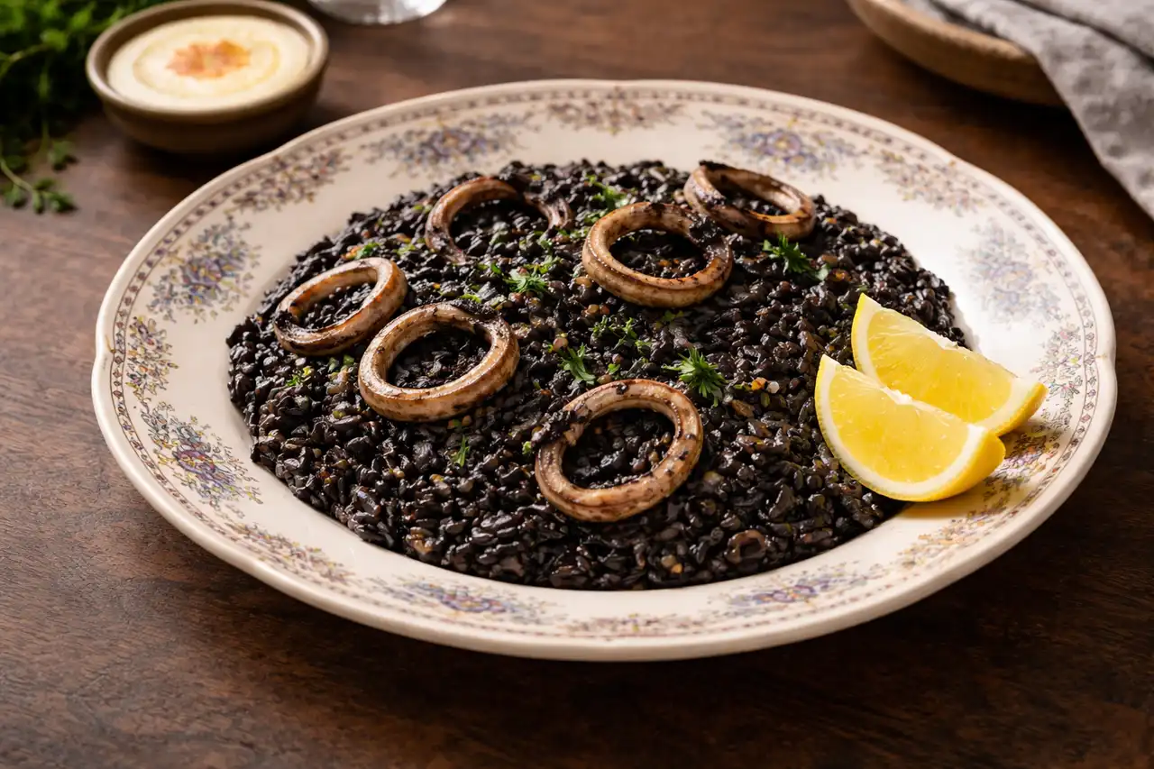 Испанская паэлья с кальмарами в насыщенном бульоне, окрашенном чернилами каракатицы.