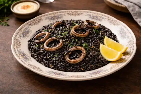 Испанская паэлья с кальмарами в насыщенном бульоне, окрашенном чернилами каракатицы.