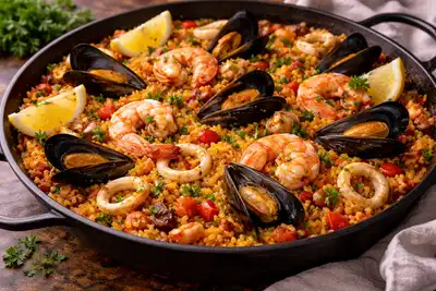 Ароматная испанская паэлья с шафрановым рисом, креветками, мидиями и кальмарами.