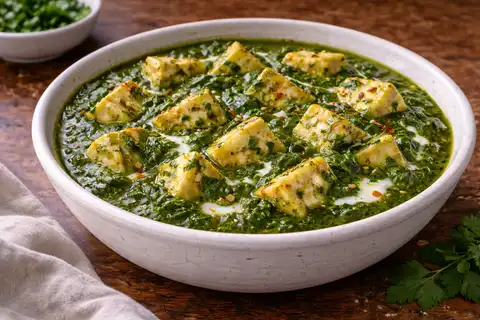 Классическое индийское блюдо из нежного панира в густом шпинатном соусе со специями.