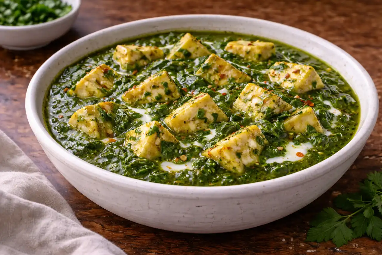 Классическое индийское блюдо из нежного панира в густом шпинатном соусе со специями.