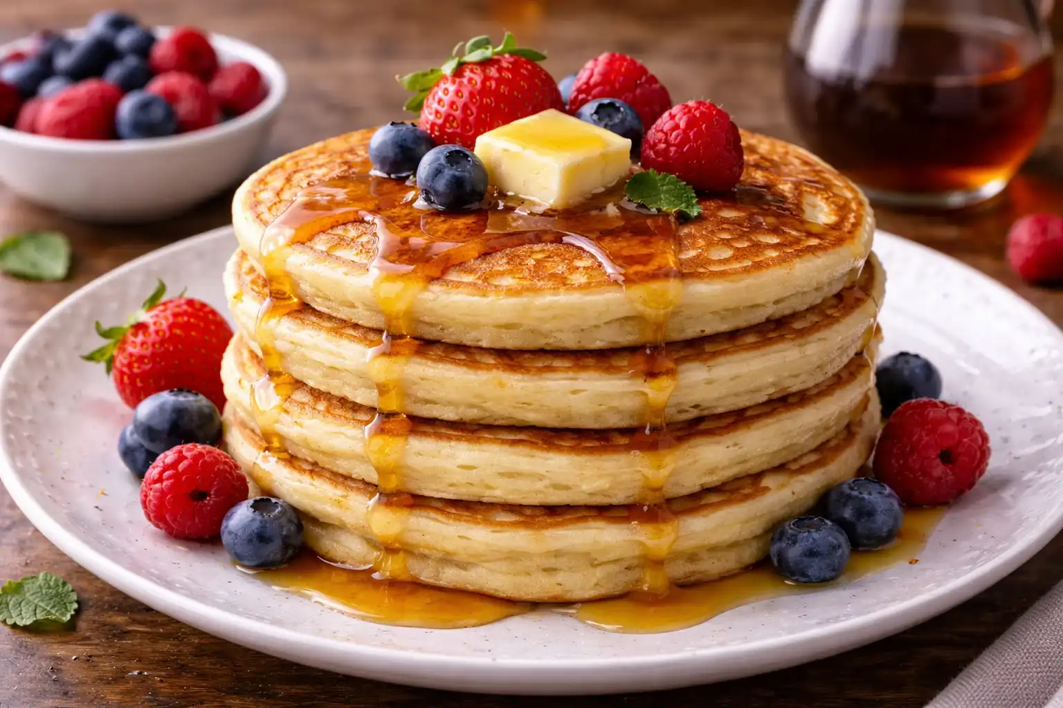 Пышные американские панкейки на пахте с мягкой серединой и золотистой корочкой.