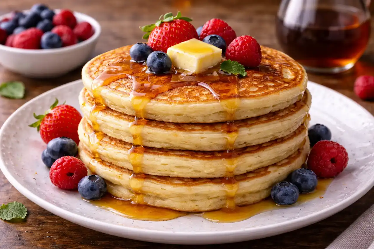 Пышные американские панкейки на пахте с мягкой серединой и золотистой корочкой.