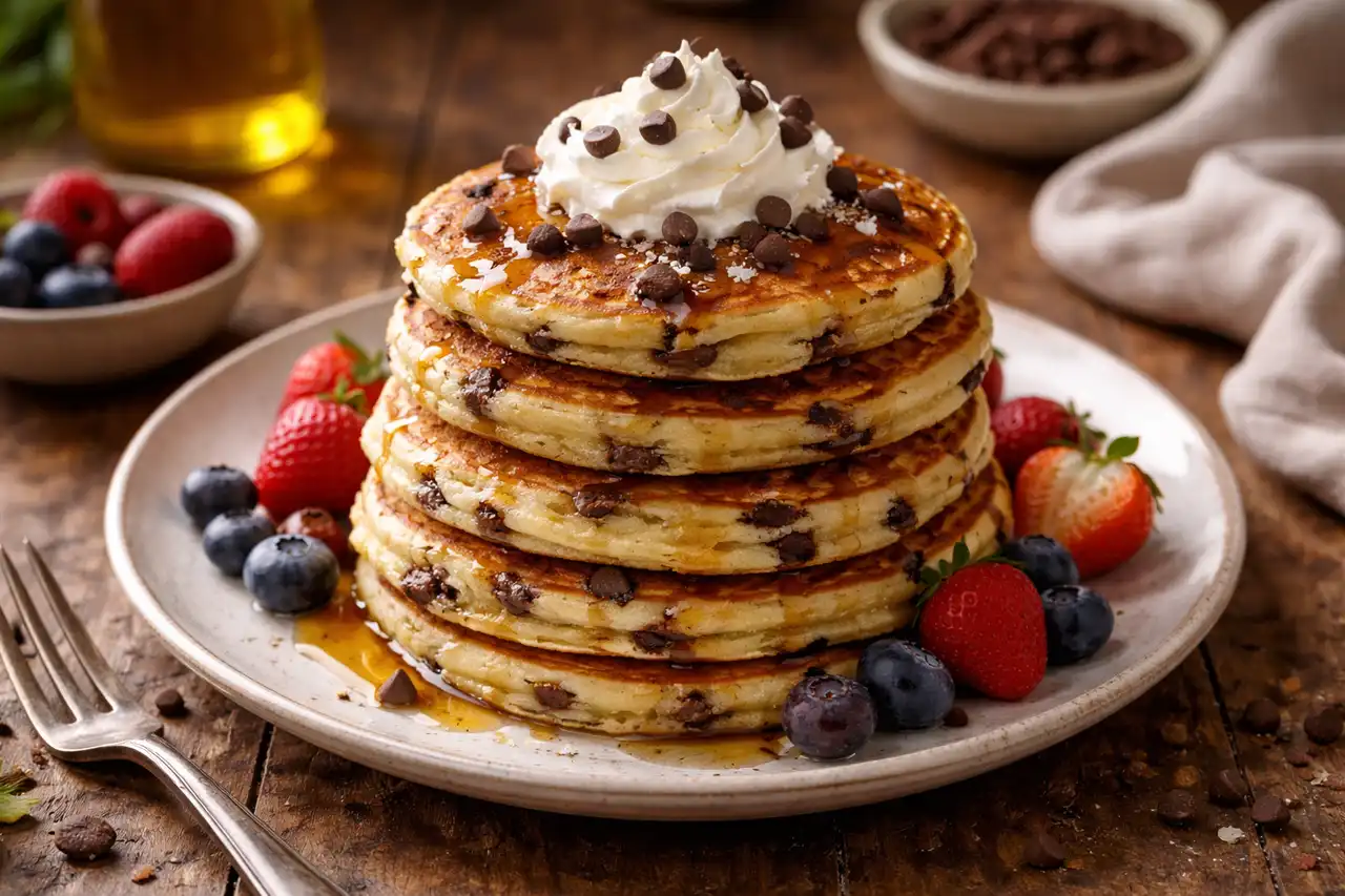 Воздушные панкейки с шоколадной крошкой и домашним сливочным ароматом.