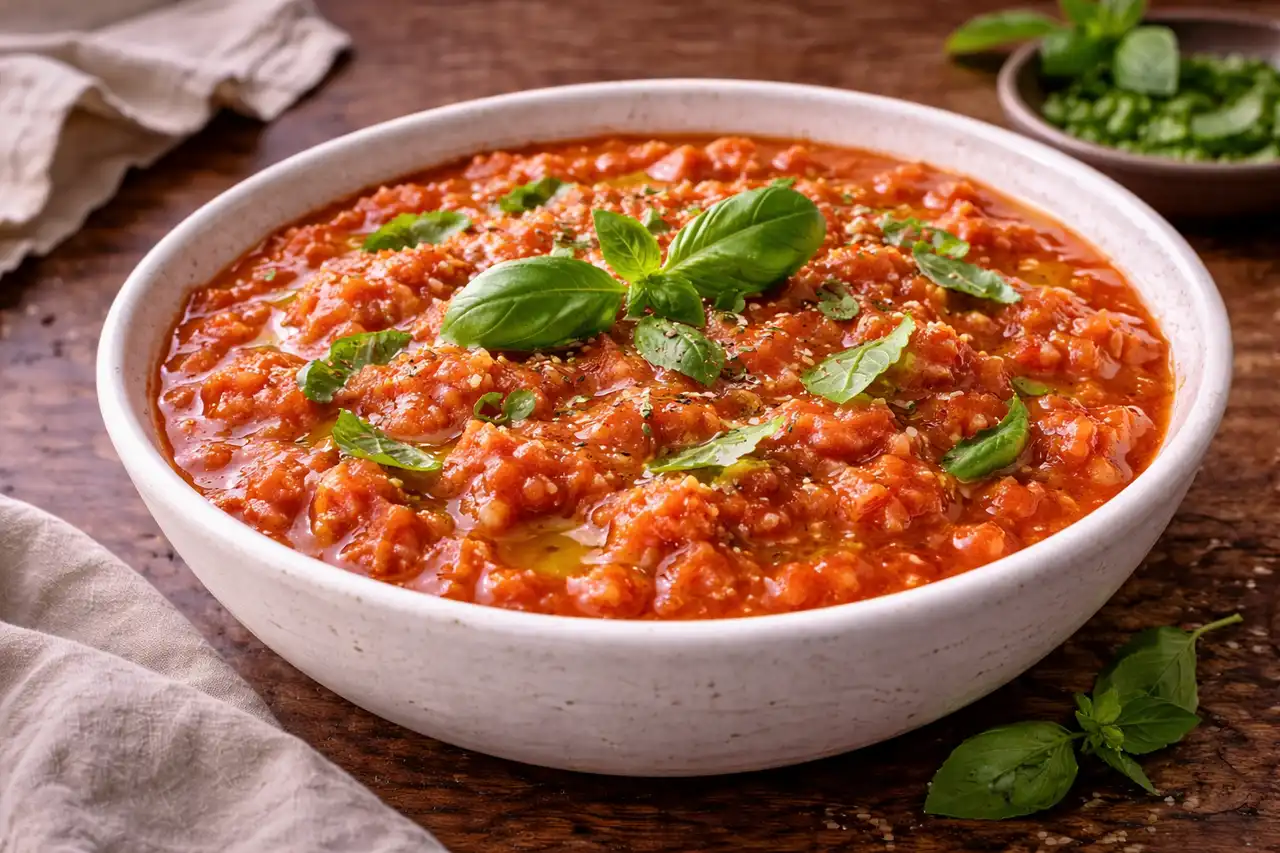 Густой тосканский суп из томатов, хлеба, чеснока и базилика с насыщенной бархатистой текстурой.