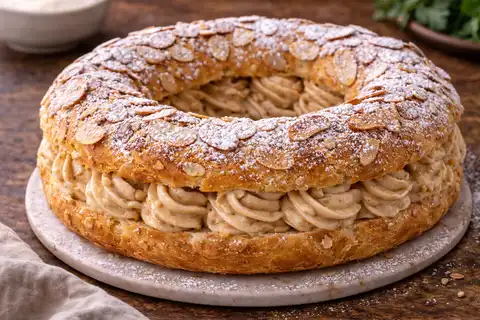 Французский десерт из кольца заварного теста с ореховым пралине-кремом и хрустящими лепестками миндаля.