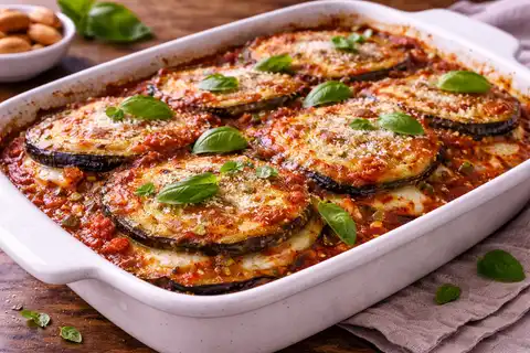 Итальянская запеканка из баклажанов с томатным соусом, моцареллой и пармезаном.