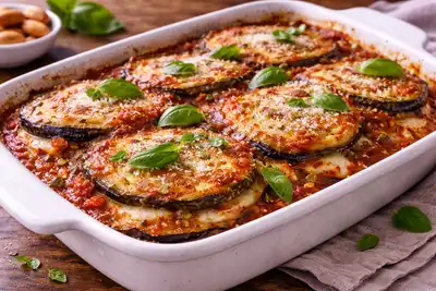 Итальянская запеканка из баклажанов с томатным соусом, моцареллой и пармезаном.