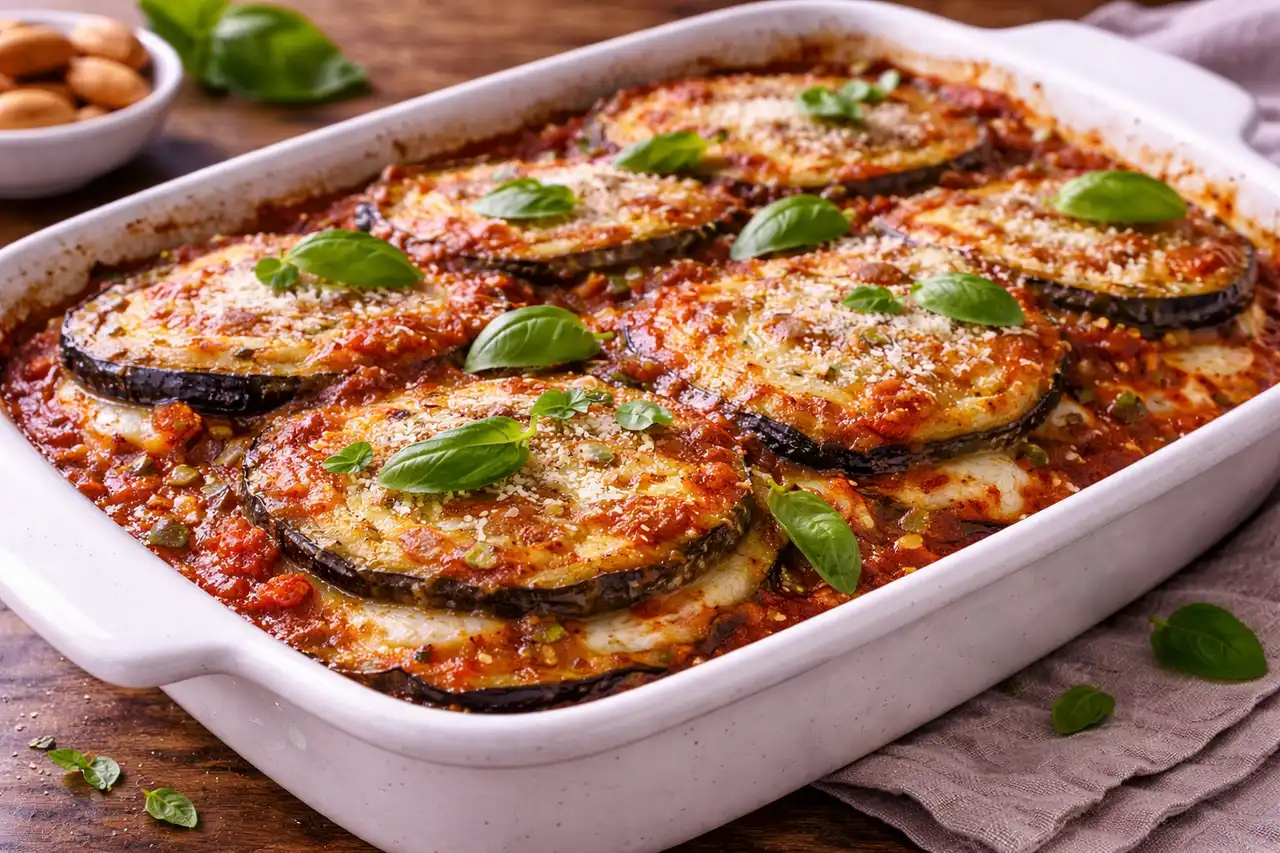 Итальянская запеканка из баклажанов с томатным соусом, моцареллой и пармезаном.