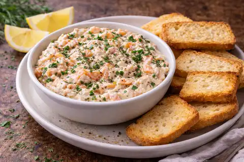 Нежный паштет из копчёного лосося с лимоном и свежими травами.