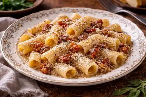 Римская паста с гуанчале, пекорино романо и чёрным перцем без томатов и сливок.