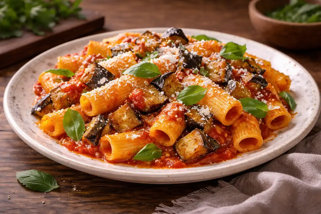 Сицилийская паста с обжаренными баклажанами, томатным соусом, базиликом и солоноватой рикоттой салата.