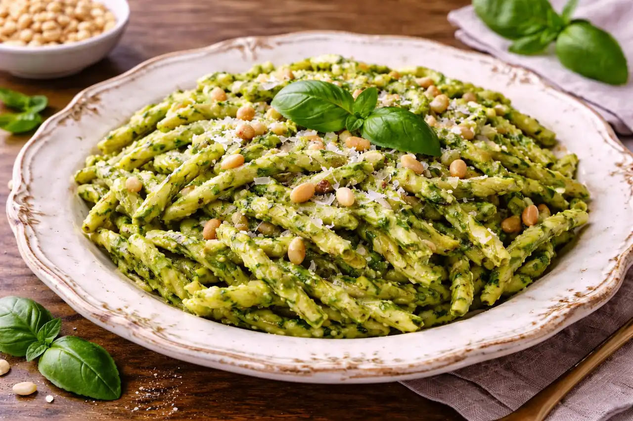 Классическая лигурийская паста трофье с ароматным соусом песто из базилика и кедровых орехов.