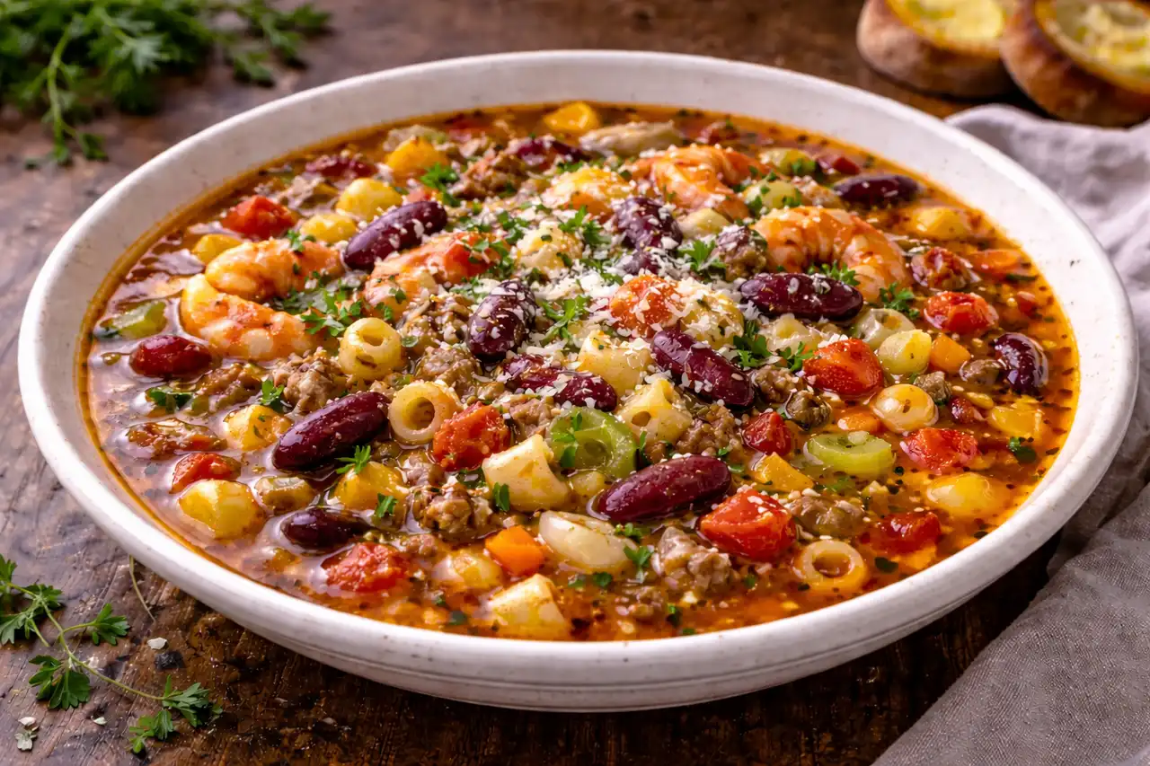 Густой итальянский суп с пастой, фасолью и мясной томатной основой для сытного обеда.