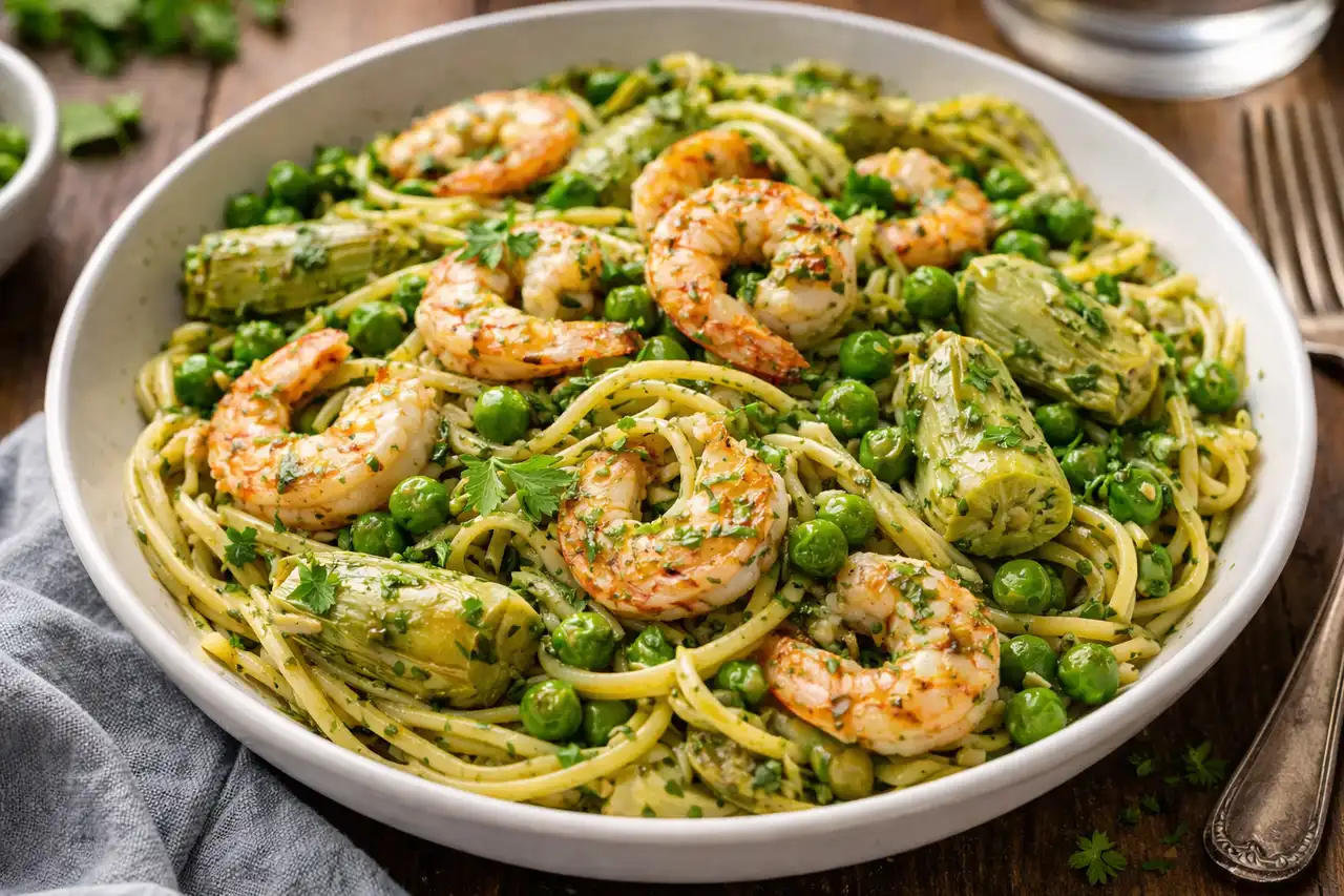 Быстрая паста с креветками, артишоками и овощами в ароматном соусе песто и оливковом масле.