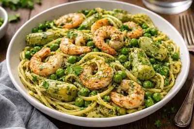 Быстрая паста с креветками, артишоками и овощами в ароматном песто и оливковом масле.