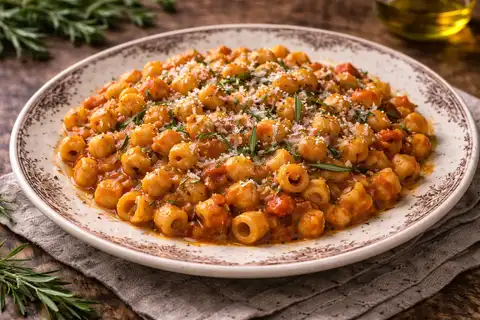 Традиционная итальянская паста с нутом в густом томатно-розмариновом соусе.