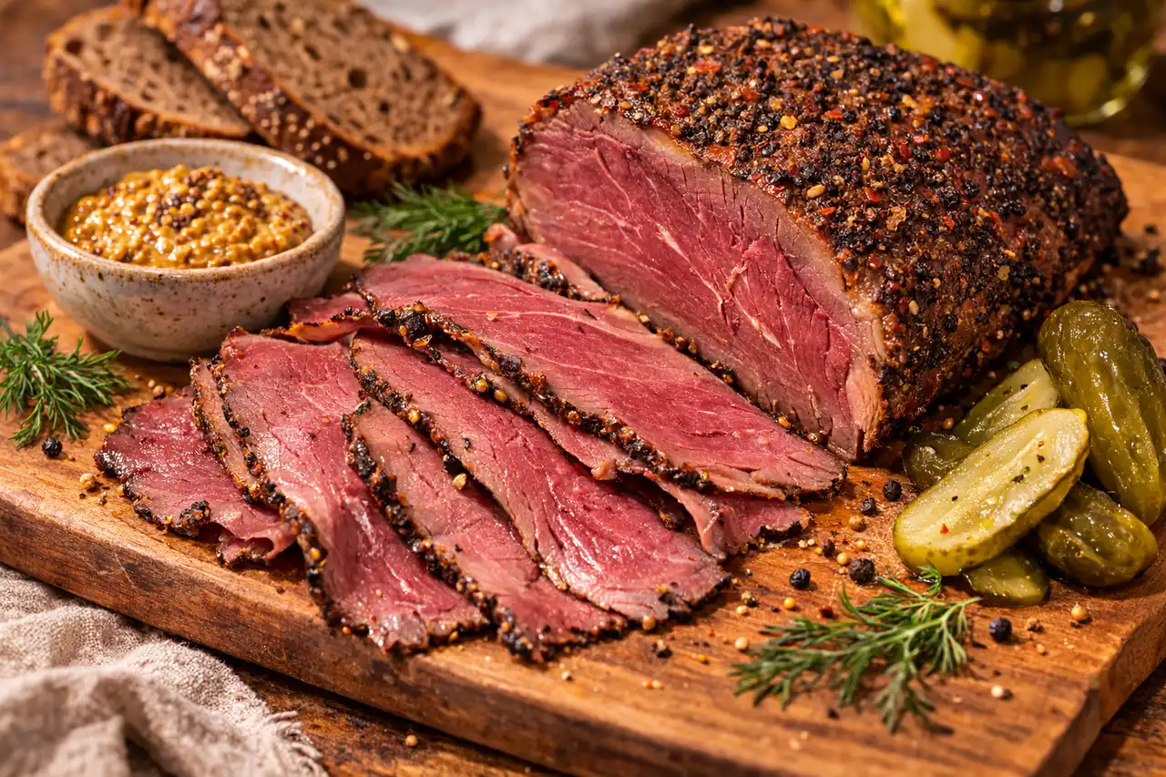 Пряная говяжья пастрома с копчёно-перечным ароматом для тонкой холодной нарезки.