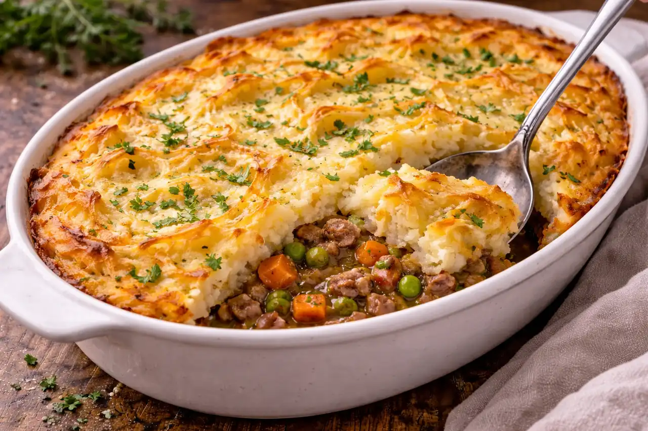Сытная британская запеканка с мясной начинкой и нежной картофельной шапкой.