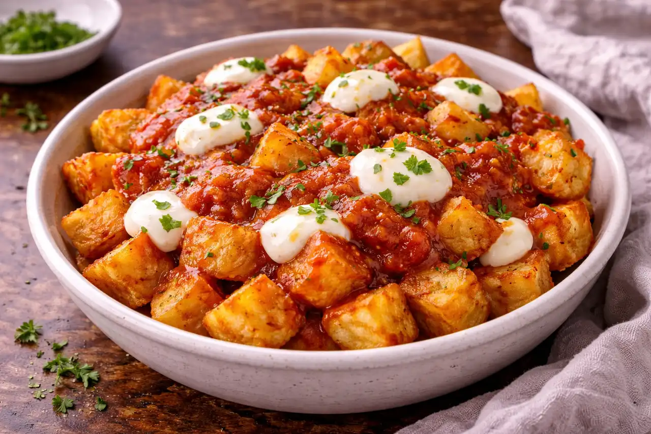 Испанская закуска из хрустящего картофеля с пикантным томатным соусом бравас.