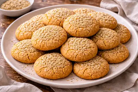 Рассыпчатое печенье на тахини с мягким ореховым вкусом и хрустящим кунжутным акцентом.