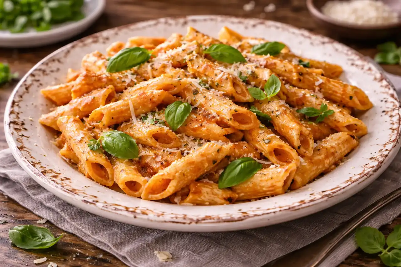 Кремовая итальянская паста пенне в томатно-сливочном соусе с лёгкой пикантной глубиной.