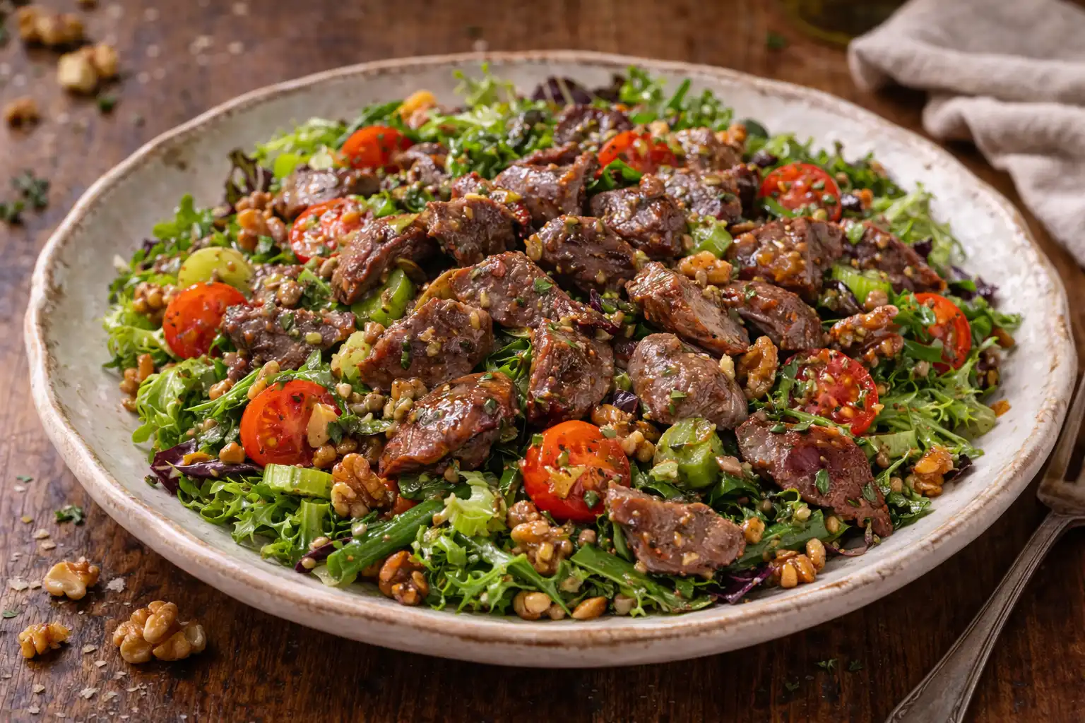 Тёплый французский салат с утиными желудками, зеленью и орехами в горчичной заправке.