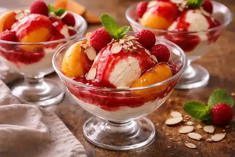 Классический французский десерт из персиков, малинового соуса и ванильного мороженого.