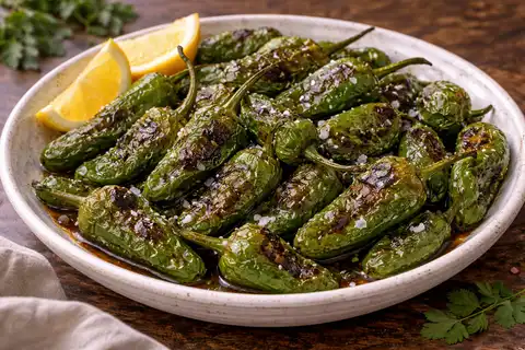 Испанская горячая закуска из обжаренных зелёных перцев с оливковым маслом и крупной морской солью.