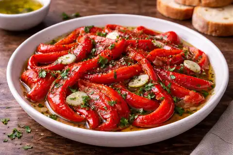 Испанская закуска из запечённых сладких перцев в ароматном оливково-чесночном маринаде.