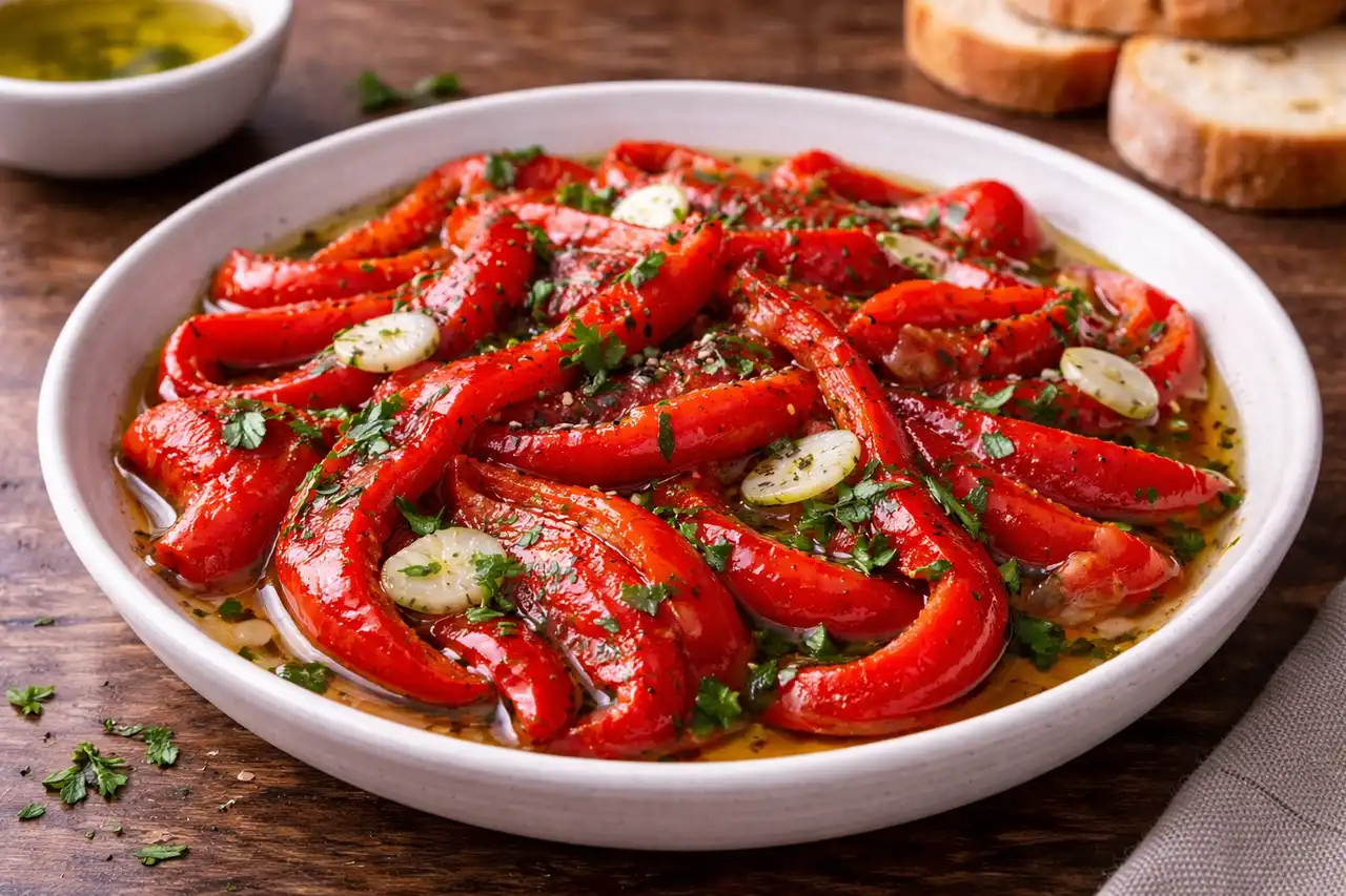 Испанская закуска из запечённых сладких перцев в ароматном оливково-чесночном маринаде.