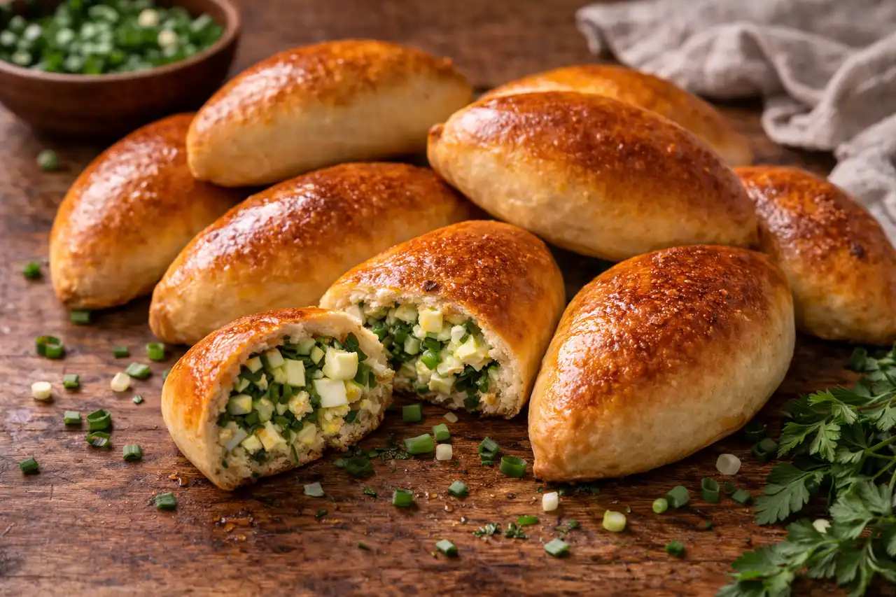 Домашние печёные пирожки из дрожжевого теста с классической начинкой из яиц и зелёного лука.