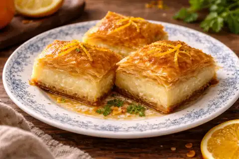 Греческий десерт из хрустящего теста фило с нежным заварным кремом и цитрусовым сиропом.